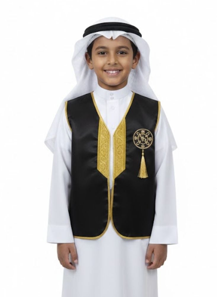 Premium Elegant Black Arabic Men’s Vest with Gold Embroidery and Tassel - Image 2